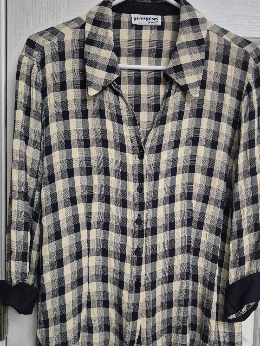 Vintage Perceptions by Irene B Plaid Button Up Blouse Cream Black Cuffed Sleeves